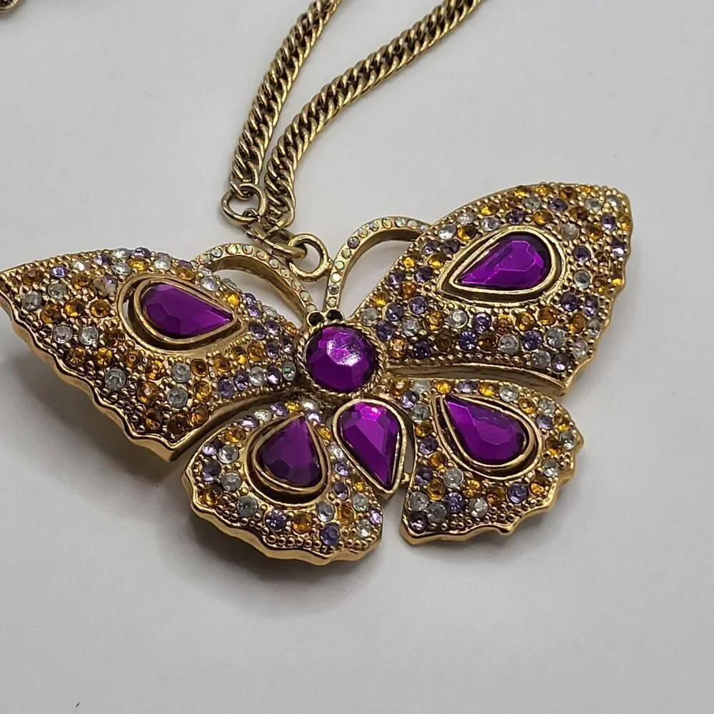 Designer Vintage Sturdy Chunky Purple Butterfly Necklace 30in